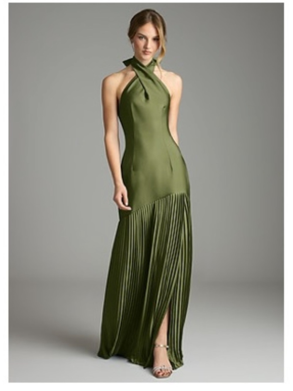 Azazie Olive Green Halter Pleated Maxi Dress
